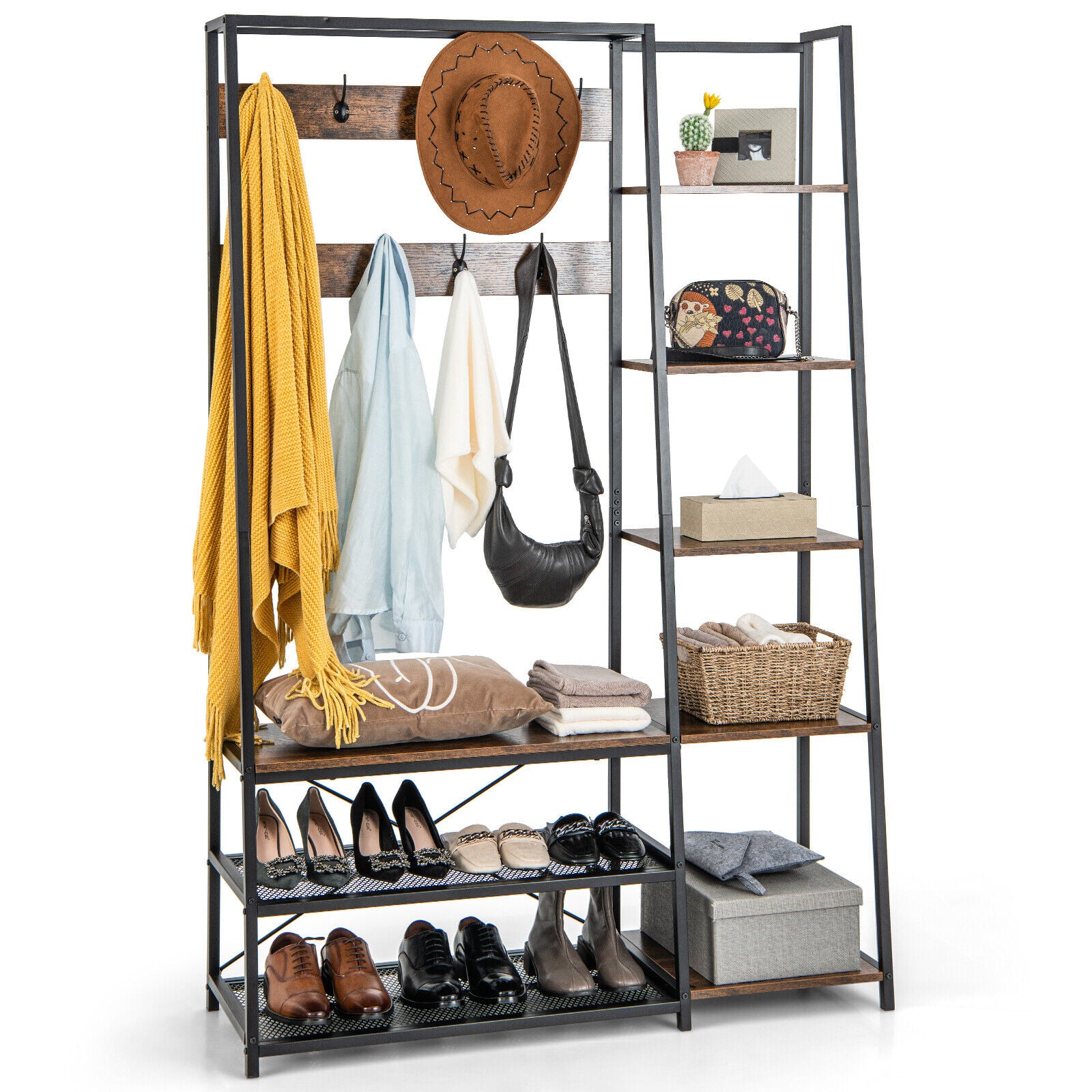 5-in-1 Entryway Hall Tree with Storage Bench with 9 Hooks, Rustic Brown Coat Racks & Hall Trees at Gallery Canada