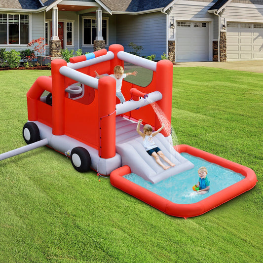 Fire Truck Themed Inflatable Castle Water Park Kids Bounce House with 480W Blower - Gallery Canada