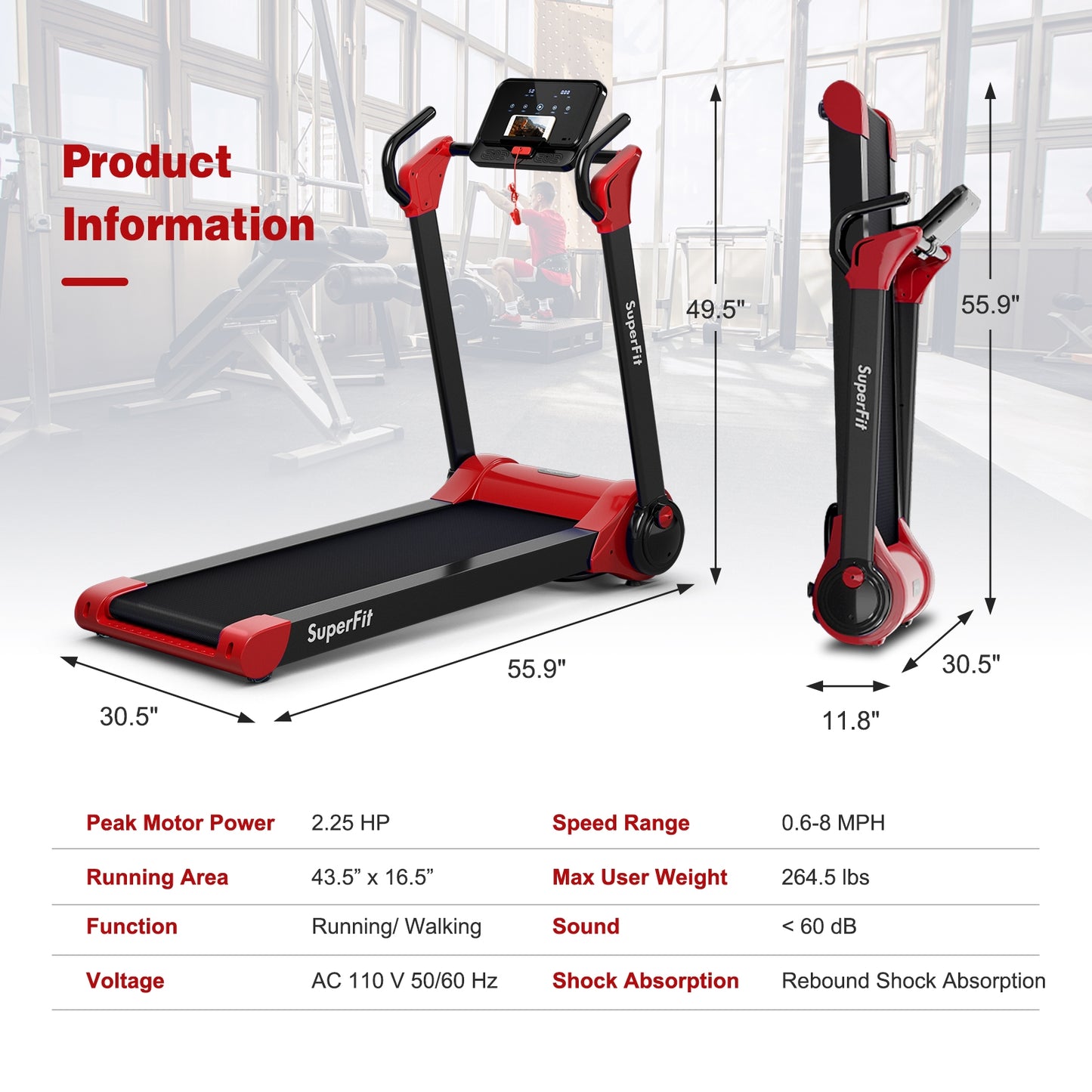 2.25 HP Electric Motorized Folding Running Treadmill Machine with LED Display and APP Control, Red Treadmills at Gallery Canada