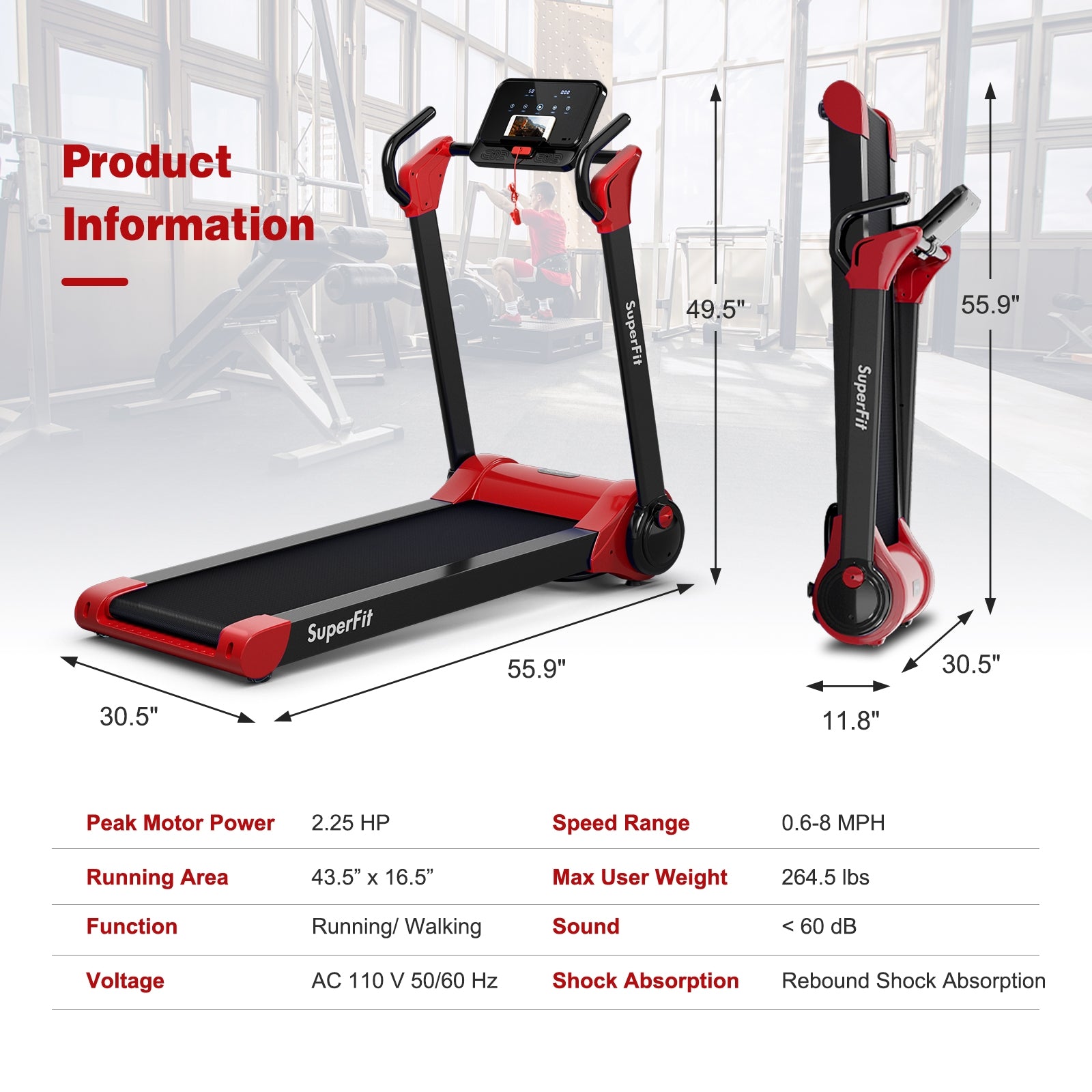 2.25 HP Electric Motorized Folding Running Treadmill Machine with LED Display and APP Control, Red Treadmills at Gallery Canada