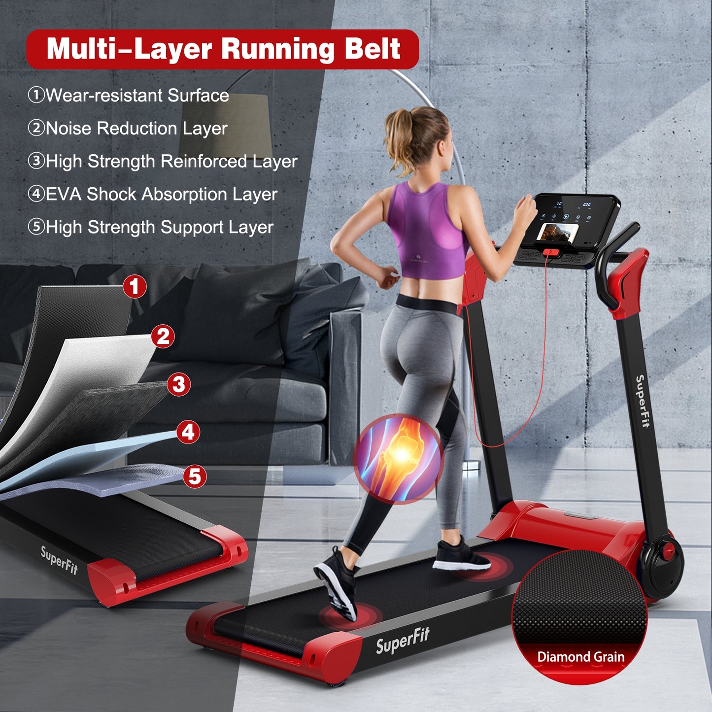 2.25 HP Electric Motorized Folding Running Treadmill Machine with LED Display and APP Control, Red Treadmills at Gallery Canada