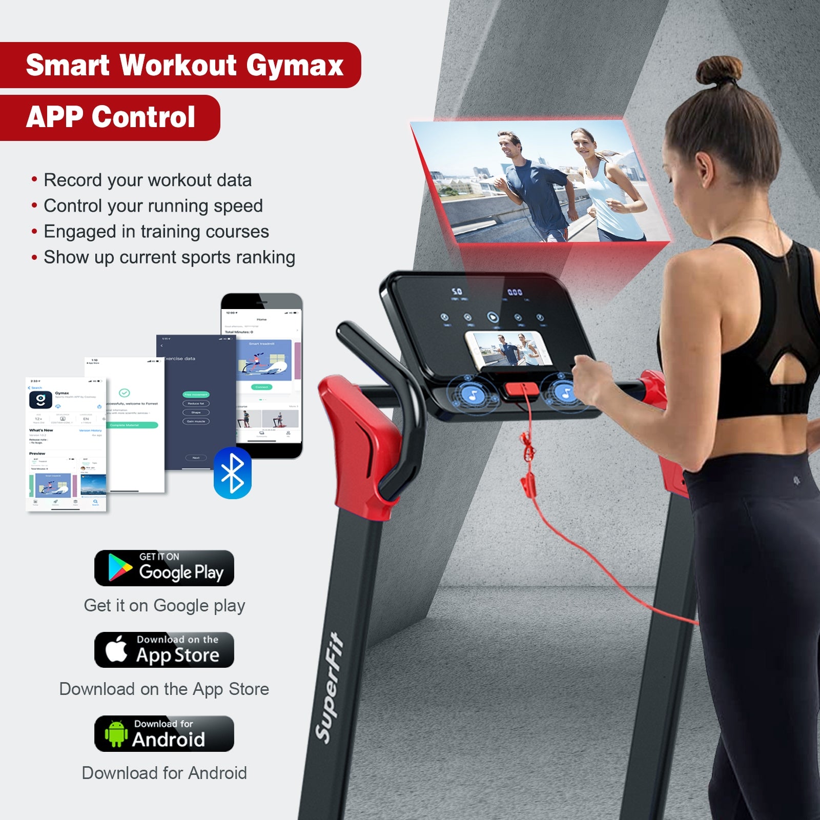 2.25 HP Electric Motorized Folding Running Treadmill Machine with LED Display and APP Control, Red Treadmills at Gallery Canada