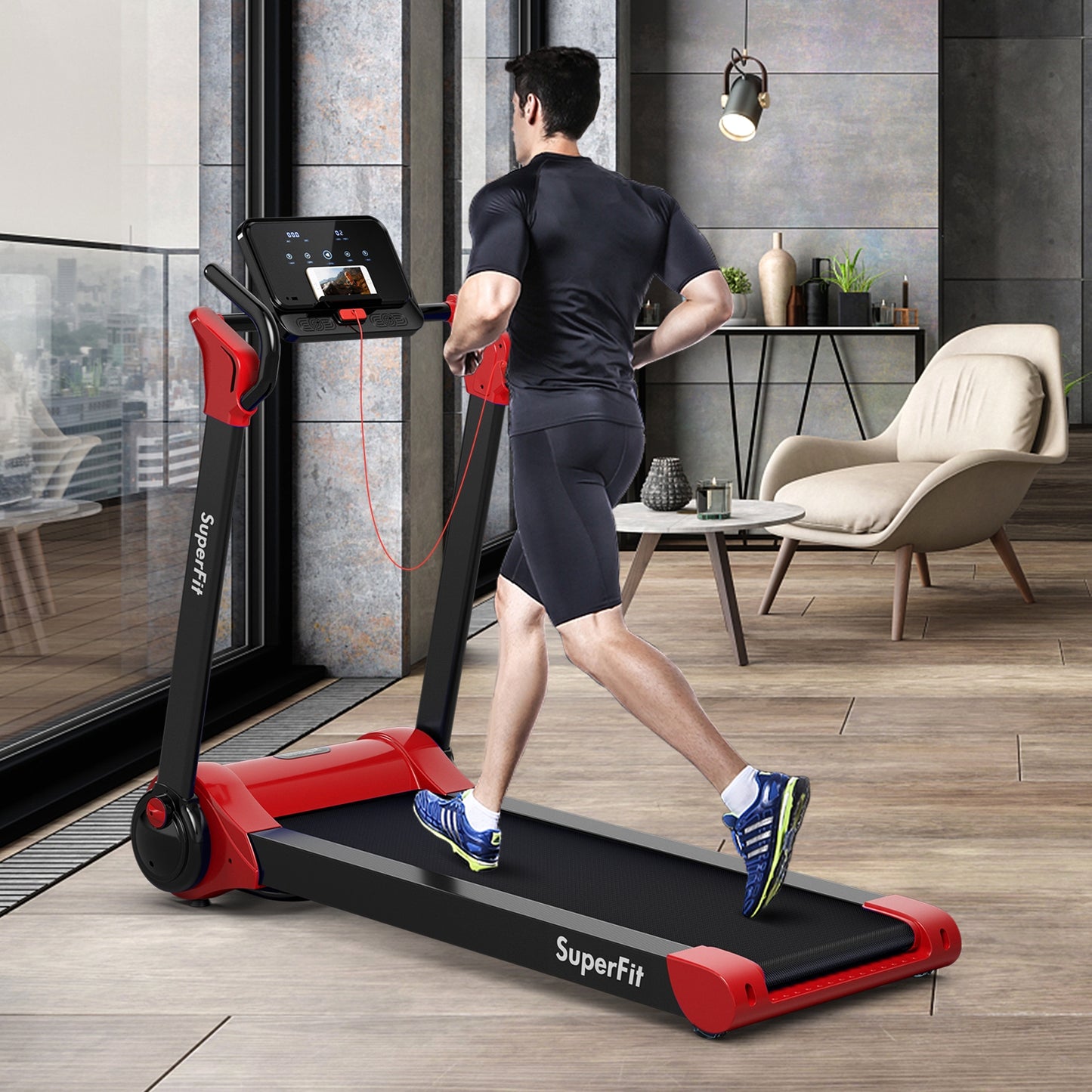 2.25 HP Electric Motorized Folding Running Treadmill Machine with LED Display and APP Control, Red Treadmills at Gallery Canada