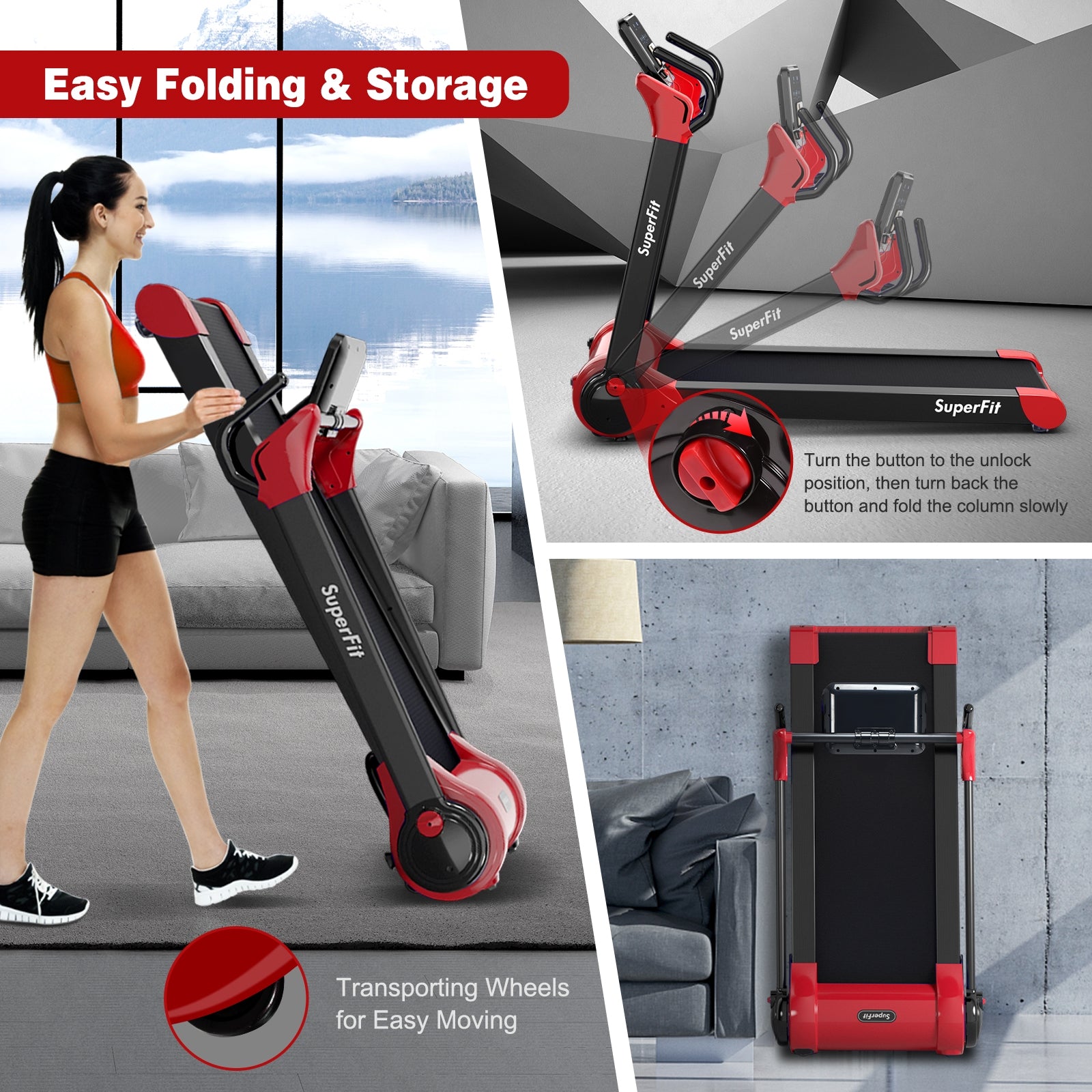 2.25 HP Electric Motorized Folding Running Treadmill Machine with LED Display and APP Control, Red Treadmills at Gallery Canada