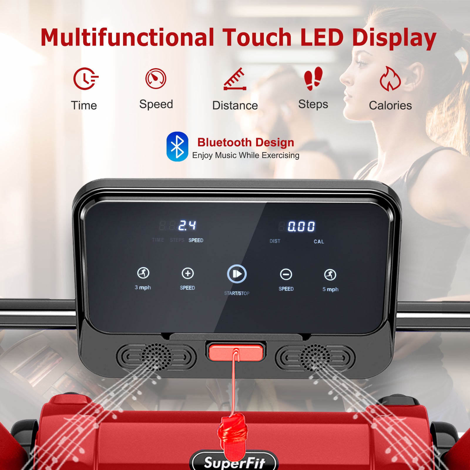 2.25 HP Electric Motorized Folding Running Treadmill Machine with LED Display and APP Control, Red Treadmills at Gallery Canada