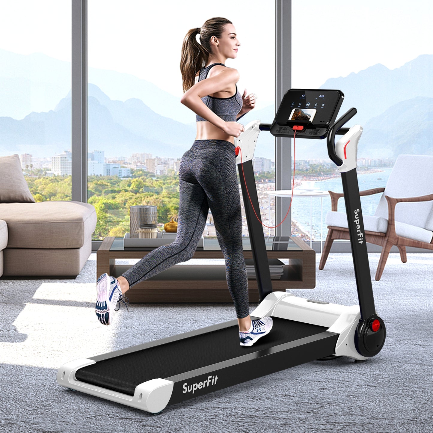 2.25 HP Electric Motorized Folding Running Treadmill Machine with LED Display and APP Control, White Treadmills at Gallery Canada