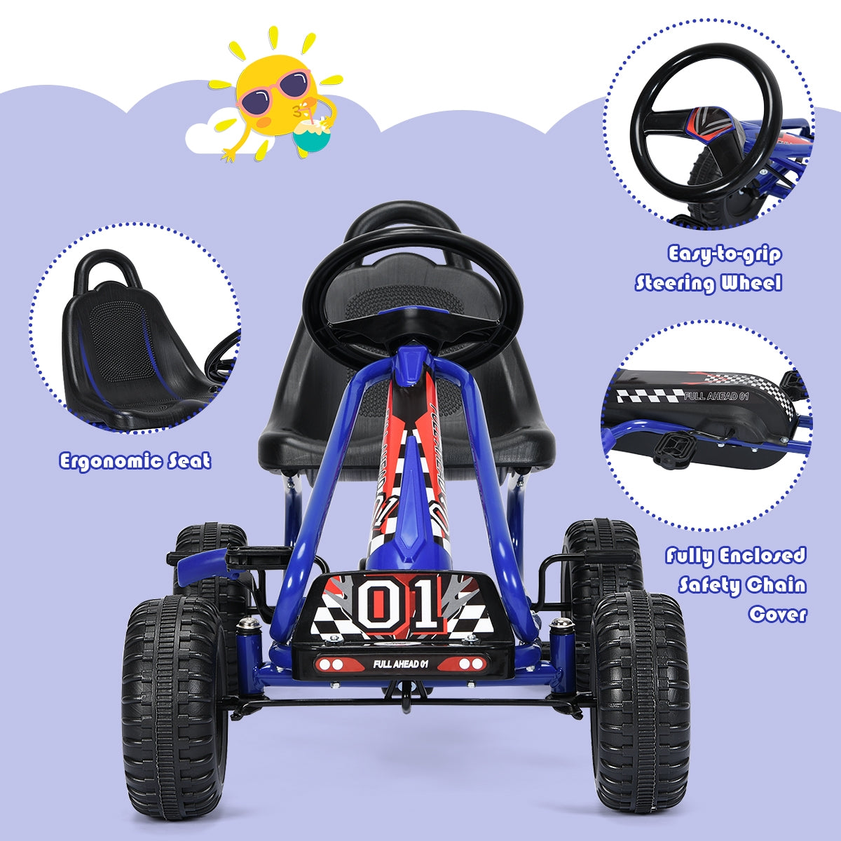 4 Wheel Pedal Powered Ride On with Adjustable Seat, Blue Powered Ride On Toys at Gallery Canada