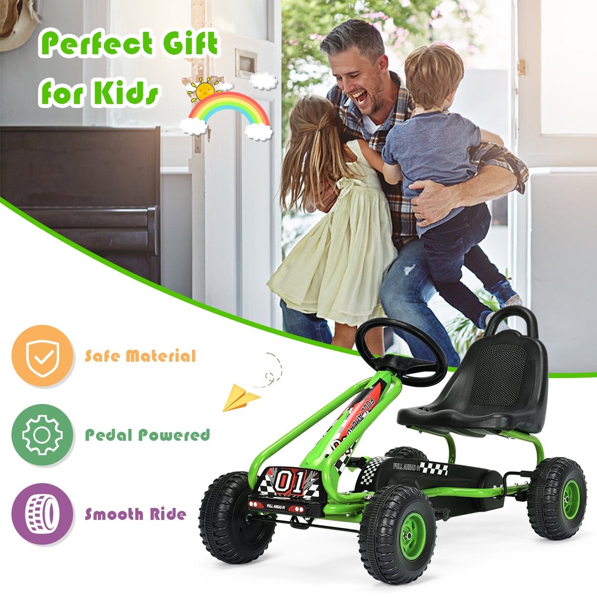 4 Wheel Pedal Powered Ride On with Adjustable Seat, Green - Gallery Canada