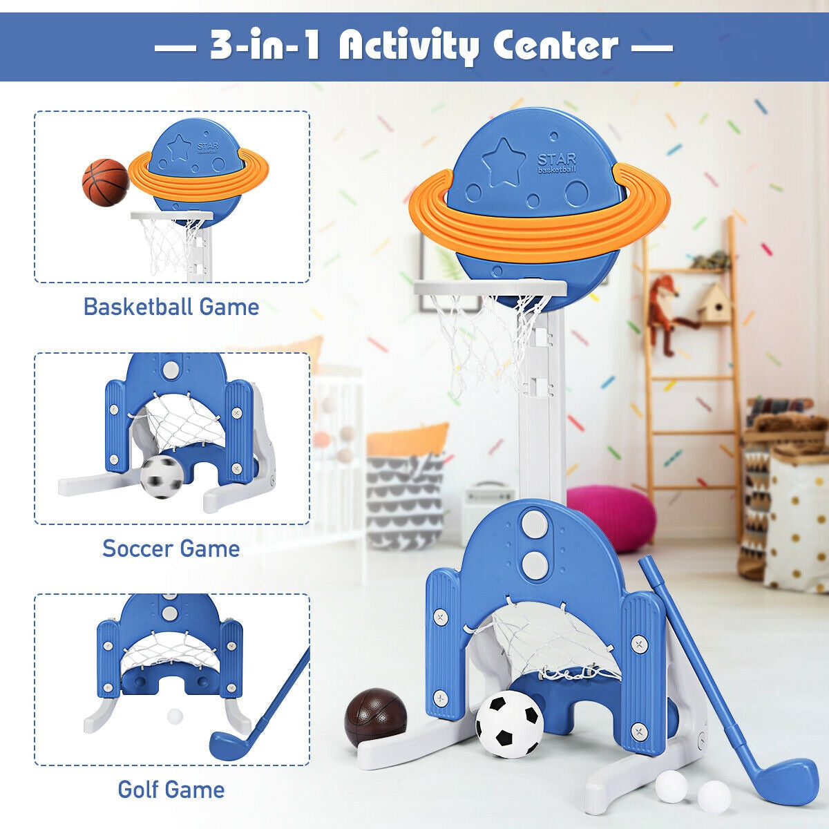 3 in 1 Kids Basketball Hoop Set with Balls, Blue Toy Sports at Gallery Canada