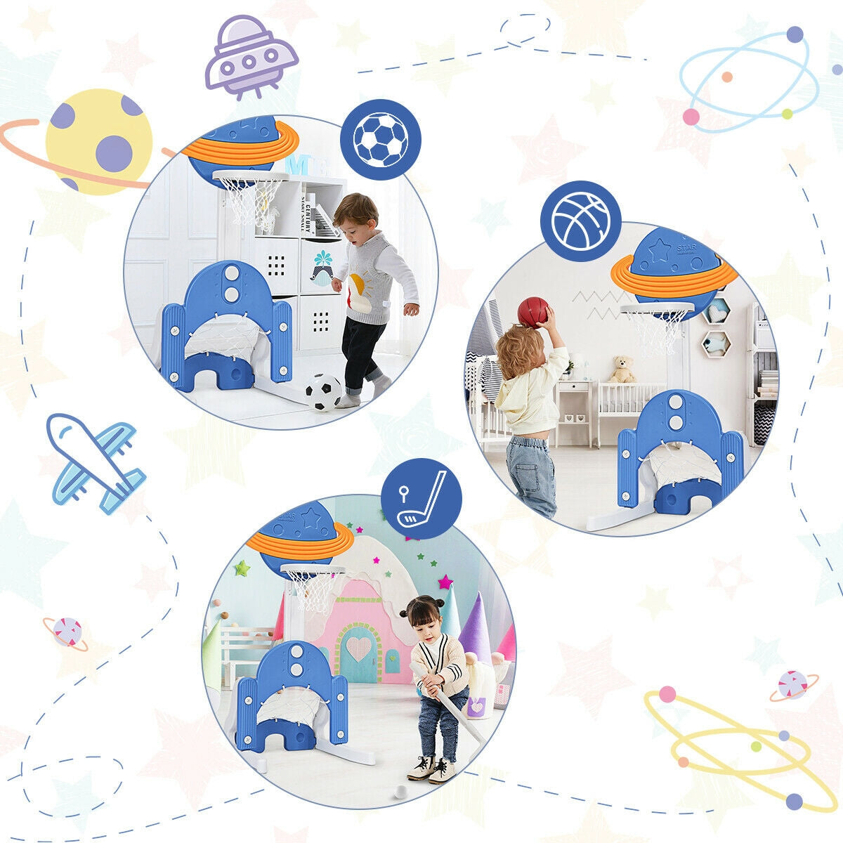 3 in 1 Kids Basketball Hoop Set with Balls, Blue Toy Sports at Gallery Canada