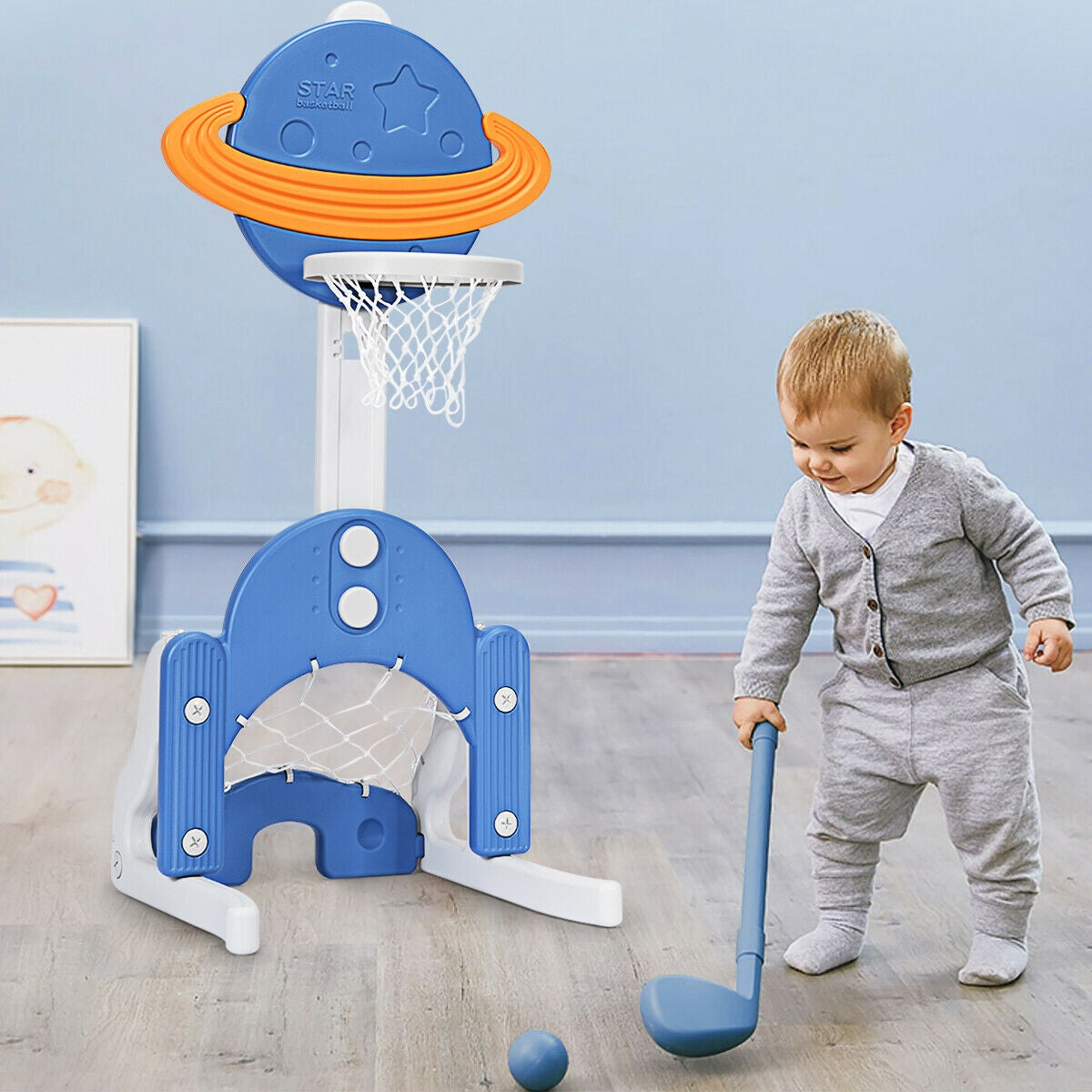 3 in 1 Kids Basketball Hoop Set with Balls, Blue Toy Sports at Gallery Canada