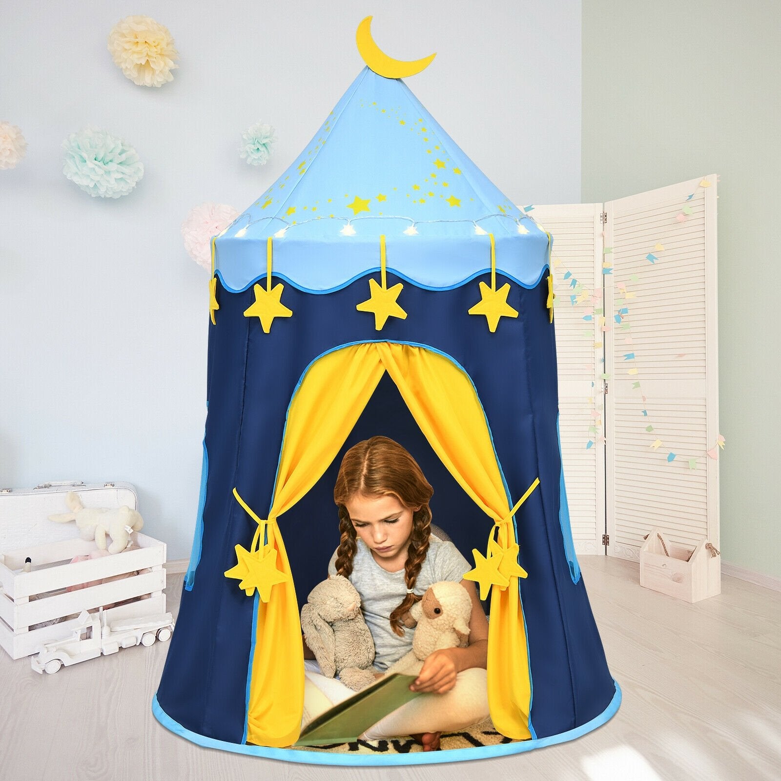 Indoor Outdoor Kids Foldable Pop-Up Play Tent with Star Lights Carry Bag, Blue - Gallery Canada