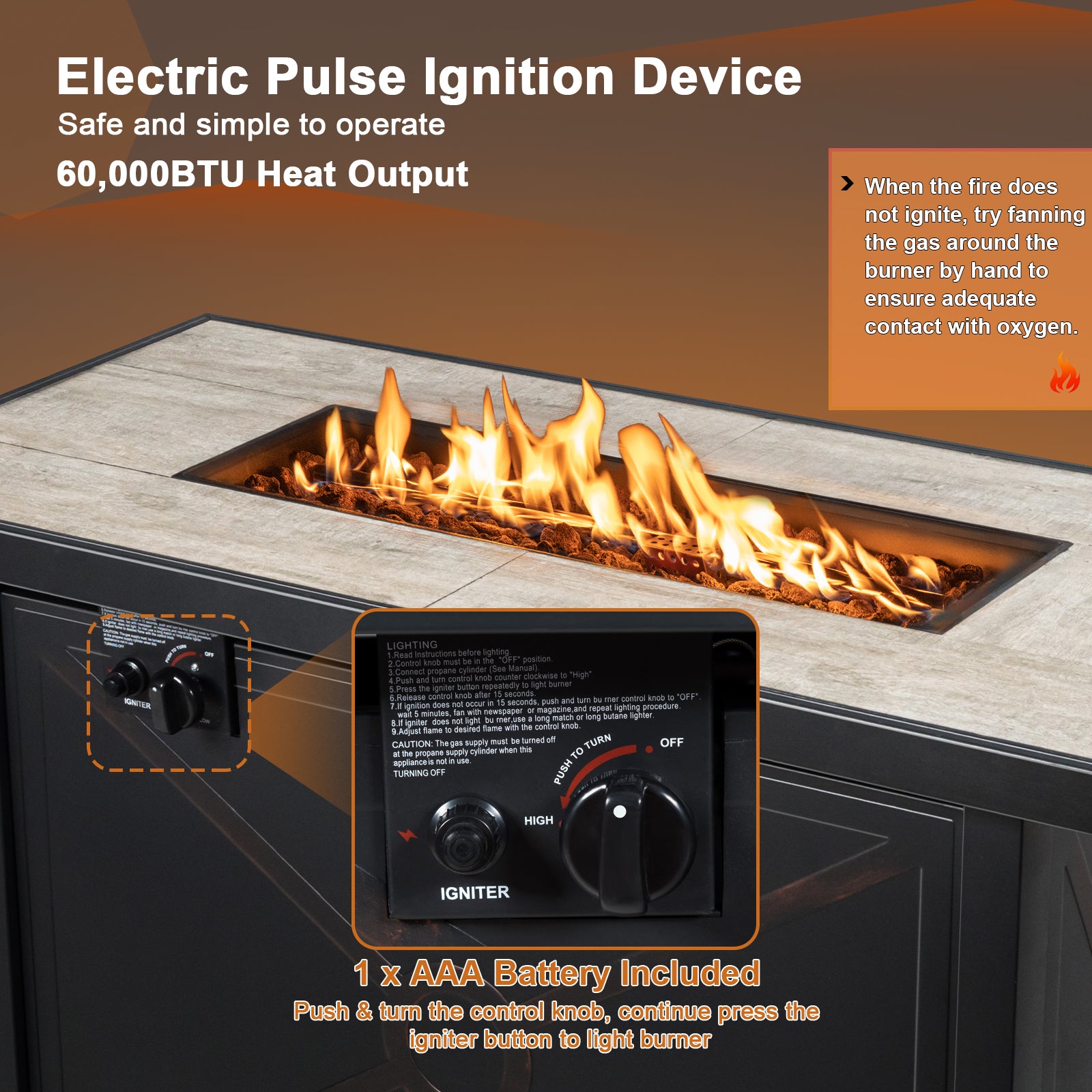 42 Inch 60000 BTU Propane Fire Pit Table, Ceramic Tabletop, Black Fire Pits at Gallery Canada