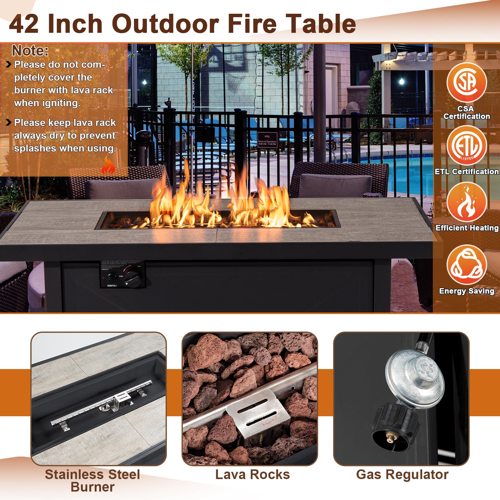 42 Inch 60000 BTU Propane Fire Pit Table, Ceramic Tabletop, Black Fire Pits at Gallery Canada
