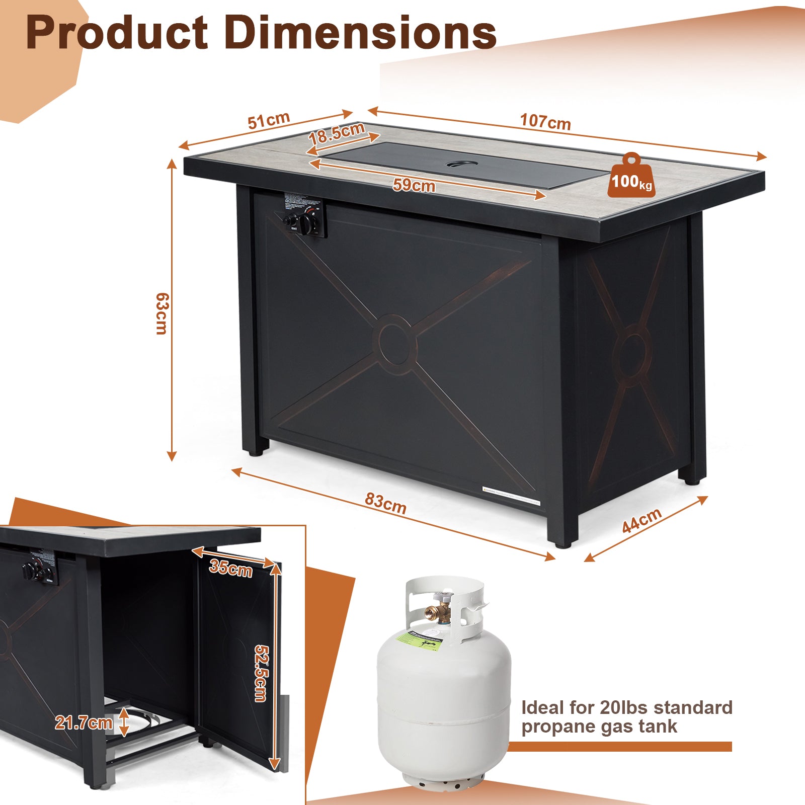 42 Inch 60000 BTU Propane Fire Pit Table, Ceramic Tabletop, Black Fire Pits at Gallery Canada