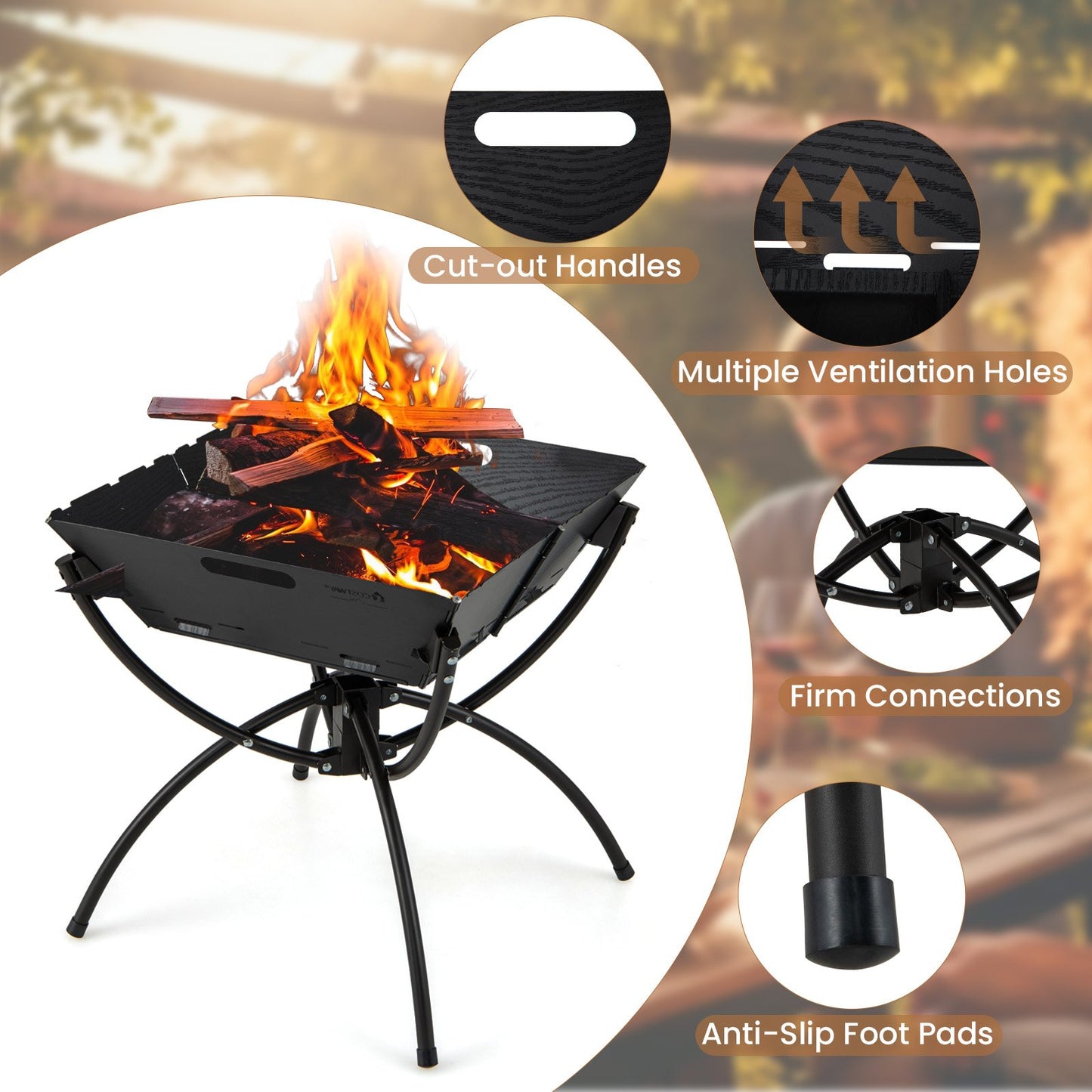 3-in-1 Camping Campfire Grill with Stainless Steel Grills Carrying Bag & Gloves, Black