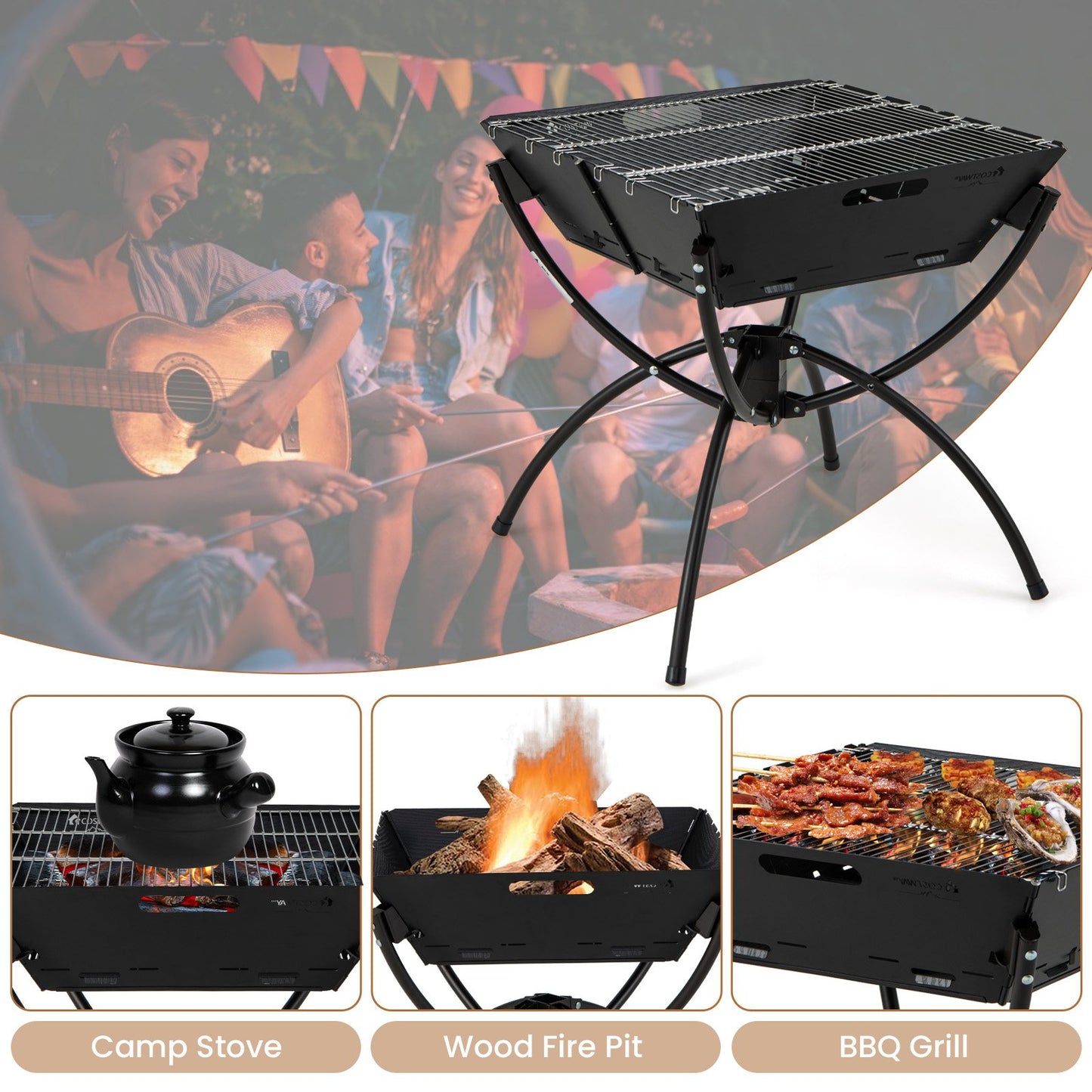 3-in-1 Camping Campfire Grill with Stainless Steel Grills Carrying Bag & Gloves, Black