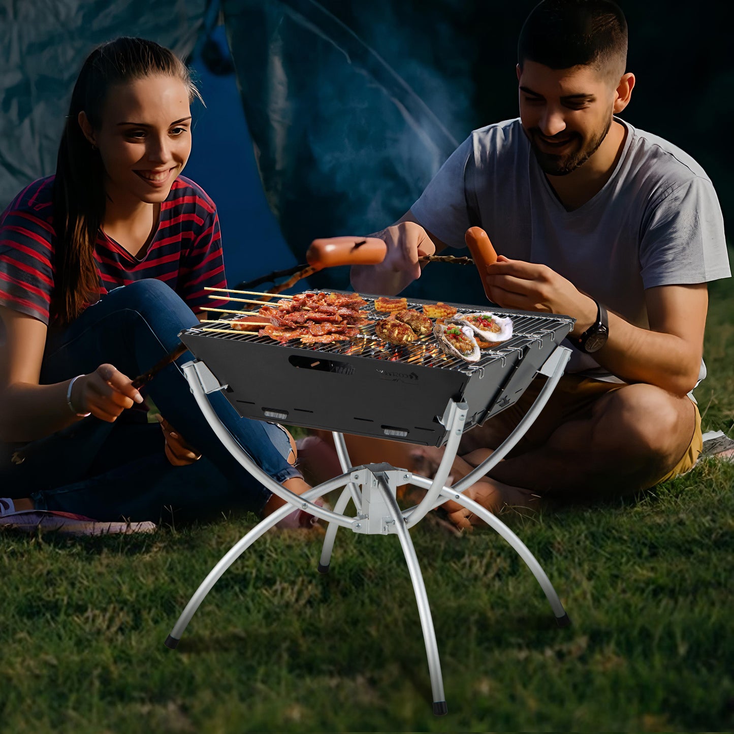 3-in-1 Camping Campfire Grill with Stainless Steel Grills Carrying Bag & Gloves, Silver Outdoor Grills at Gallery Canada