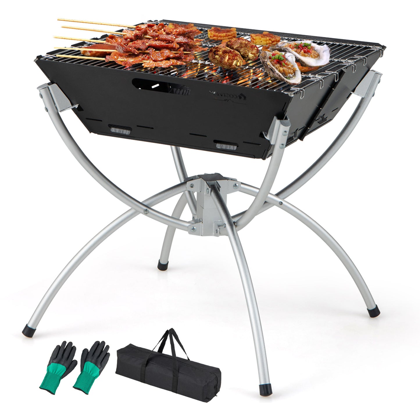 3-in-1 Camping Campfire Grill with Stainless Steel Grills Carrying Bag & Gloves, Silver Outdoor Grills at Gallery Canada