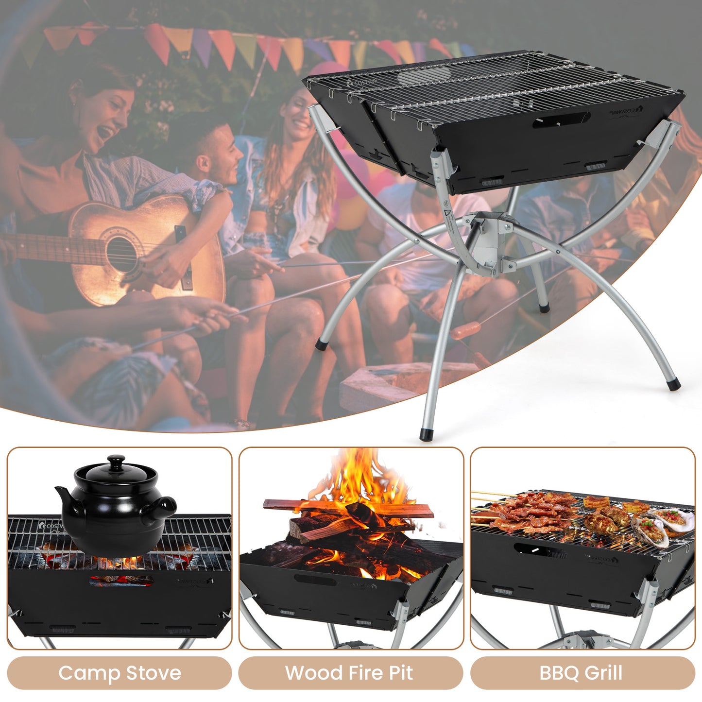 3-in-1 Camping Campfire Grill with Stainless Steel Grills Carrying Bag & Gloves, Silver Outdoor Grills at Gallery Canada