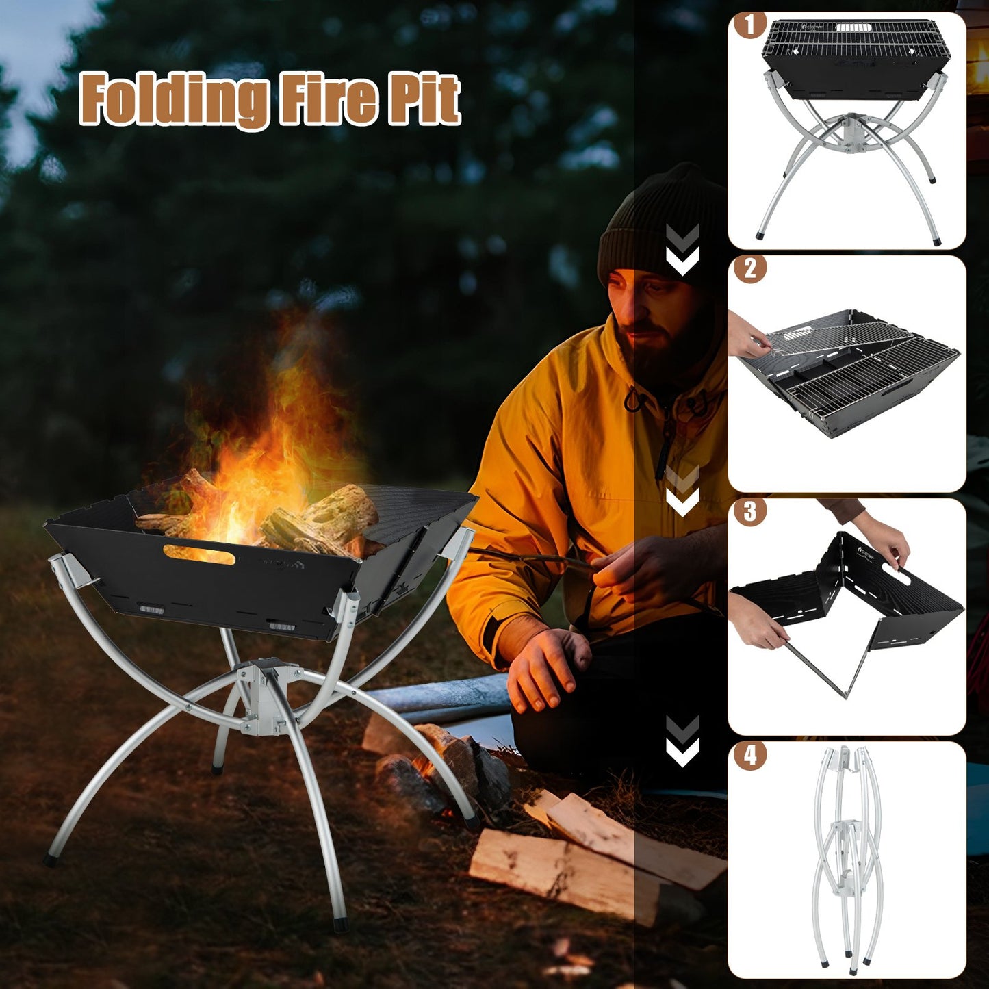 3-in-1 Camping Campfire Grill with Stainless Steel Grills Carrying Bag & Gloves, Silver