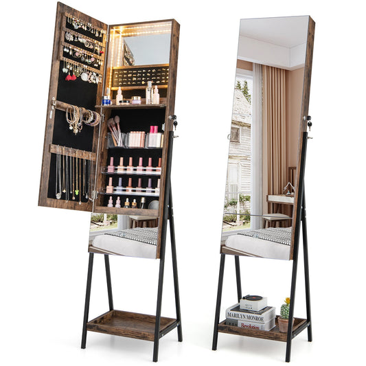 Lockable Freestanding Jewelry Organizer with Full-Length Frameless Mirror, Rustic Brown
