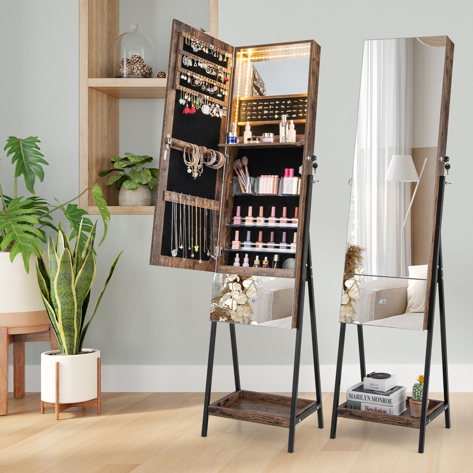 Lockable Freestanding Jewelry Organizer with Full-Length Frameless Mirror, Rustic Brown Jewelry Armoires at Gallery Canada