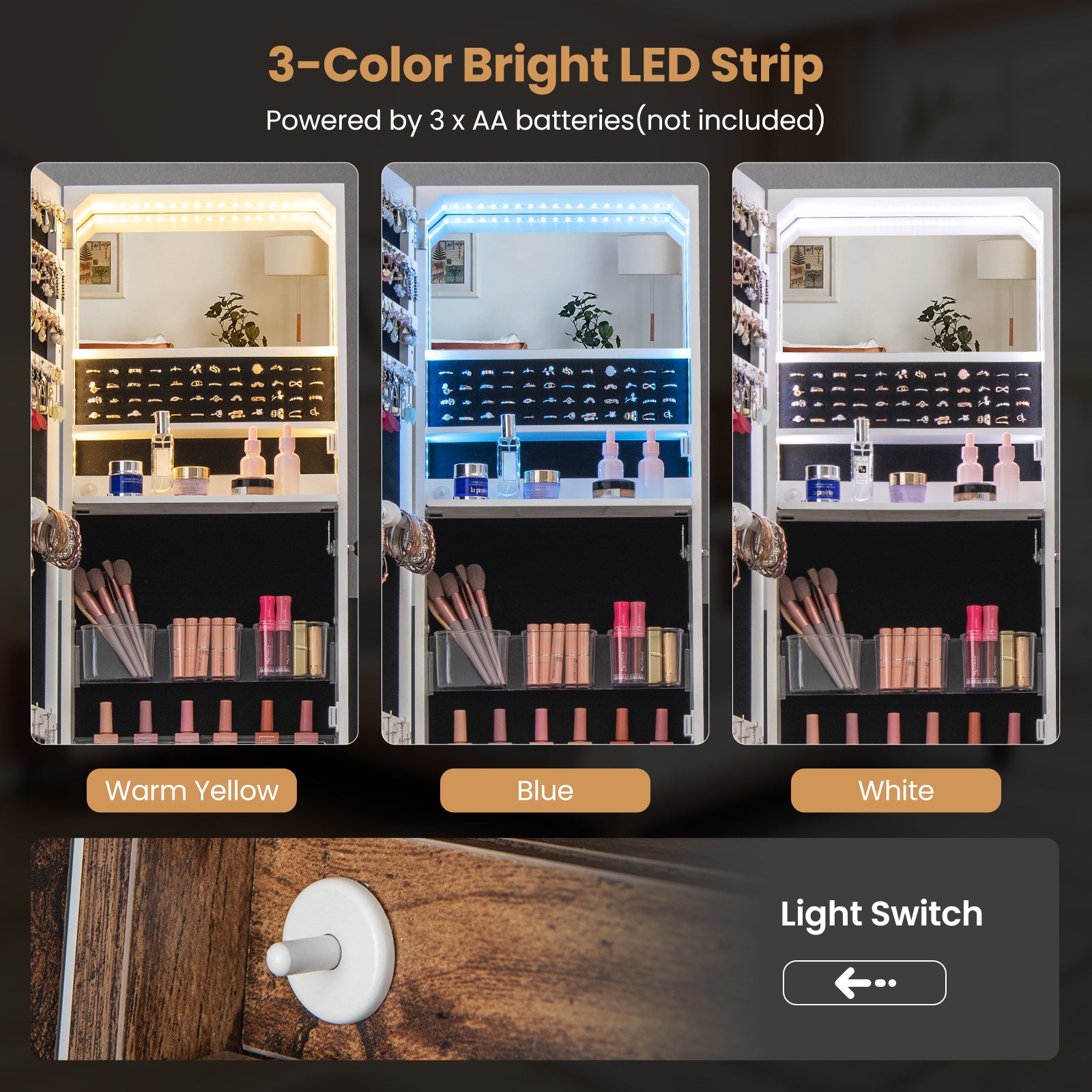 Lockable Freestanding Jewelry Organizer with Full-Length Frameless Mirror, Rustic Brown Jewelry Armoires at Gallery Canada