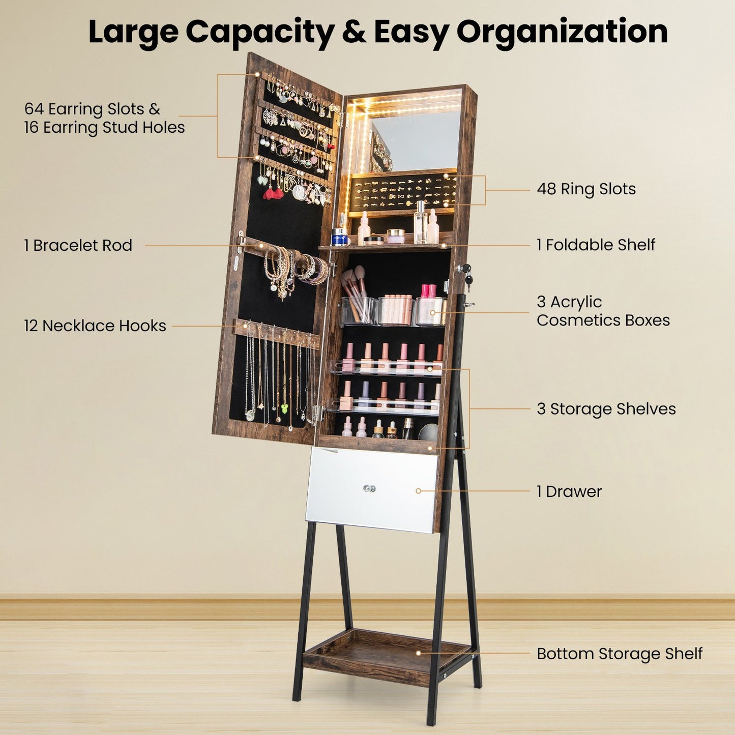 Lockable Freestanding Jewelry Organizer with Full-Length Frameless Mirror, Rustic Brown at Gallery Canada