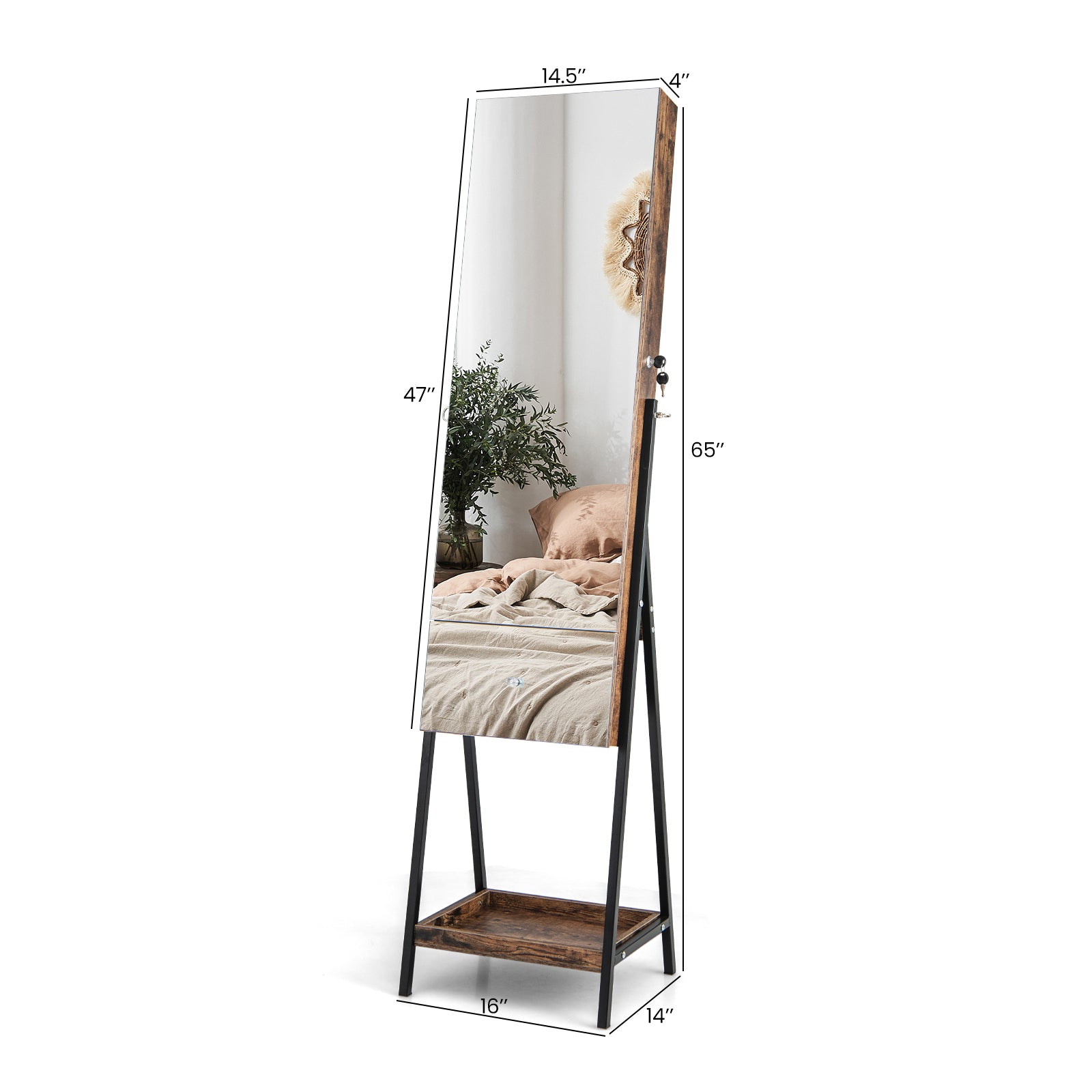 Lockable Freestanding Jewelry Organizer with Full-Length Frameless Mirror, Rustic Brown Jewelry Armoires at Gallery Canada