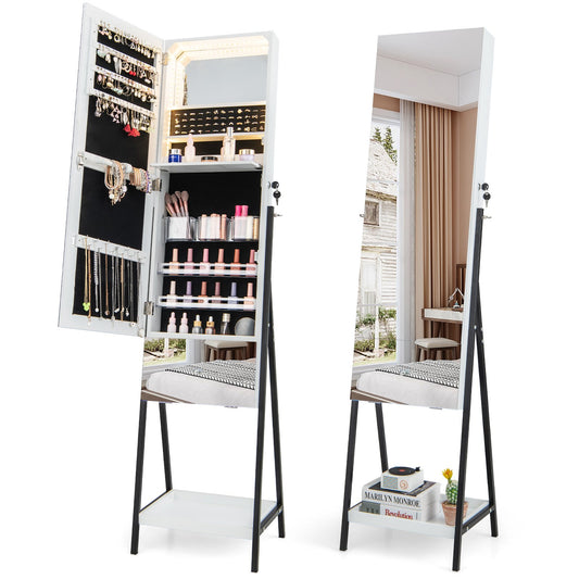 Lockable Freestanding Jewelry Organizer with Full-Length Frameless Mirror, White