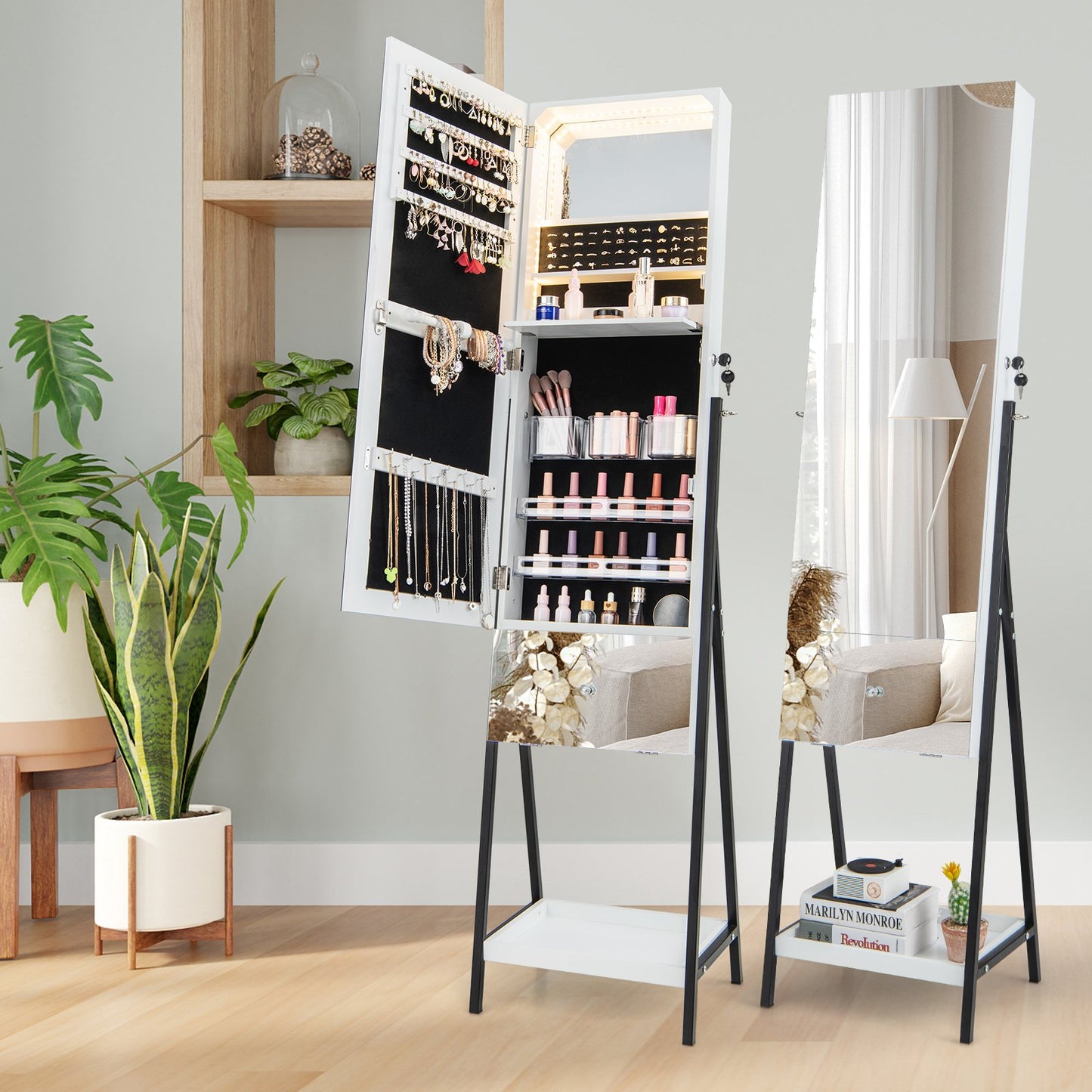 Lockable Freestanding Jewelry Organizer with Full-Length Frameless Mirror, White at Gallery Canada