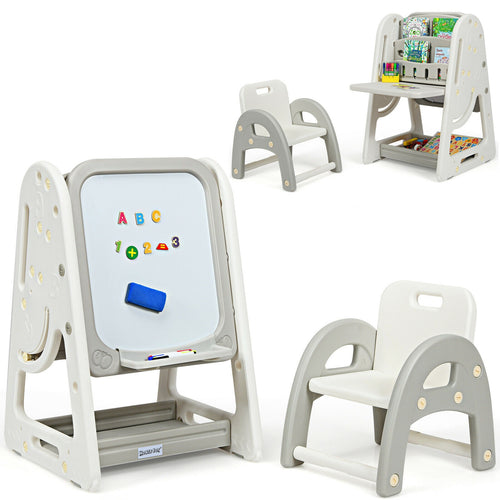 2-in-1 Kids Easel Desk Chair Set Book Rack Adjustable Art Painting Board, Gray