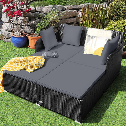 Spacious Outdoor Rattan Daybed with Upholstered Cushions and Pillows, Gray