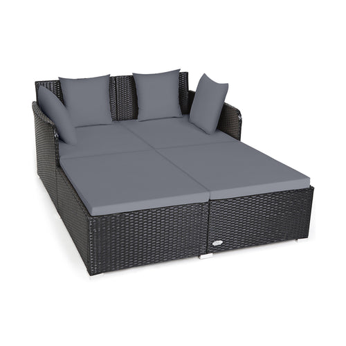 Outdoor Rattan Daybed With Upholstered Cushions, Gray