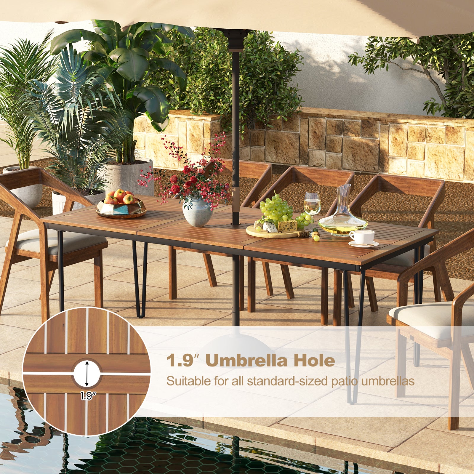 79 Inch 8-Person Outdoor Dining Table, 1.9 Inch Umbrella Hole, Natural Patio Dining Tables at Gallery Canada