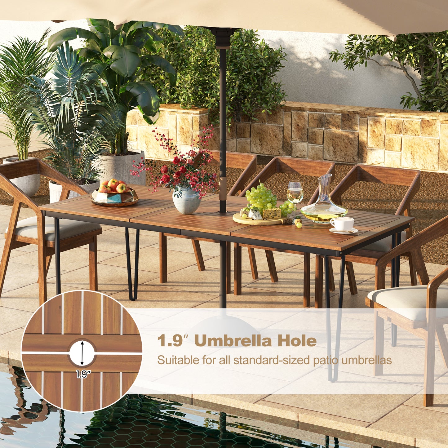 79 Inch 8-Person Outdoor Dining Table, 1.9 Inch Umbrella Hole, Natural Patio Dining Tables at Gallery Canada