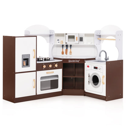 Toddler Kitchen Playset with Ice Maker Microwave Oven Sink and Washing Machine for Kids 3+ Years Old, Brown