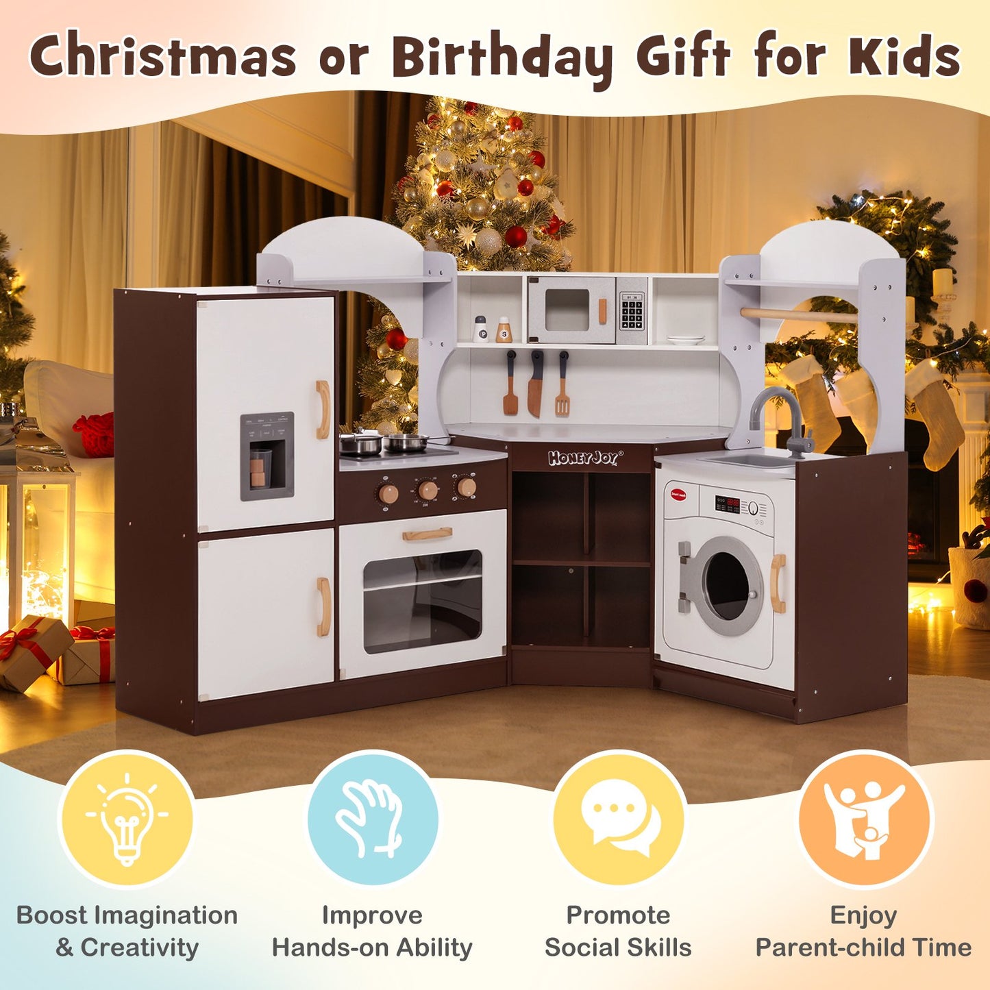 Toddler Kitchen Playset with Ice Maker Microwave Oven Sink and Washing Machine for Kids 3+ Years Old, Brown