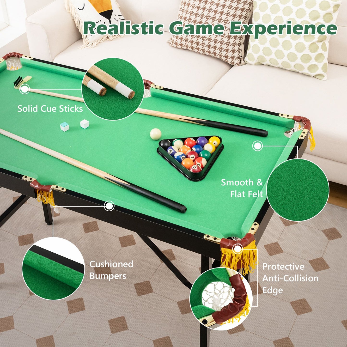 47 Inch Folding Billiard Table with Cues and Brush Chalk , Green - Gallery Canada