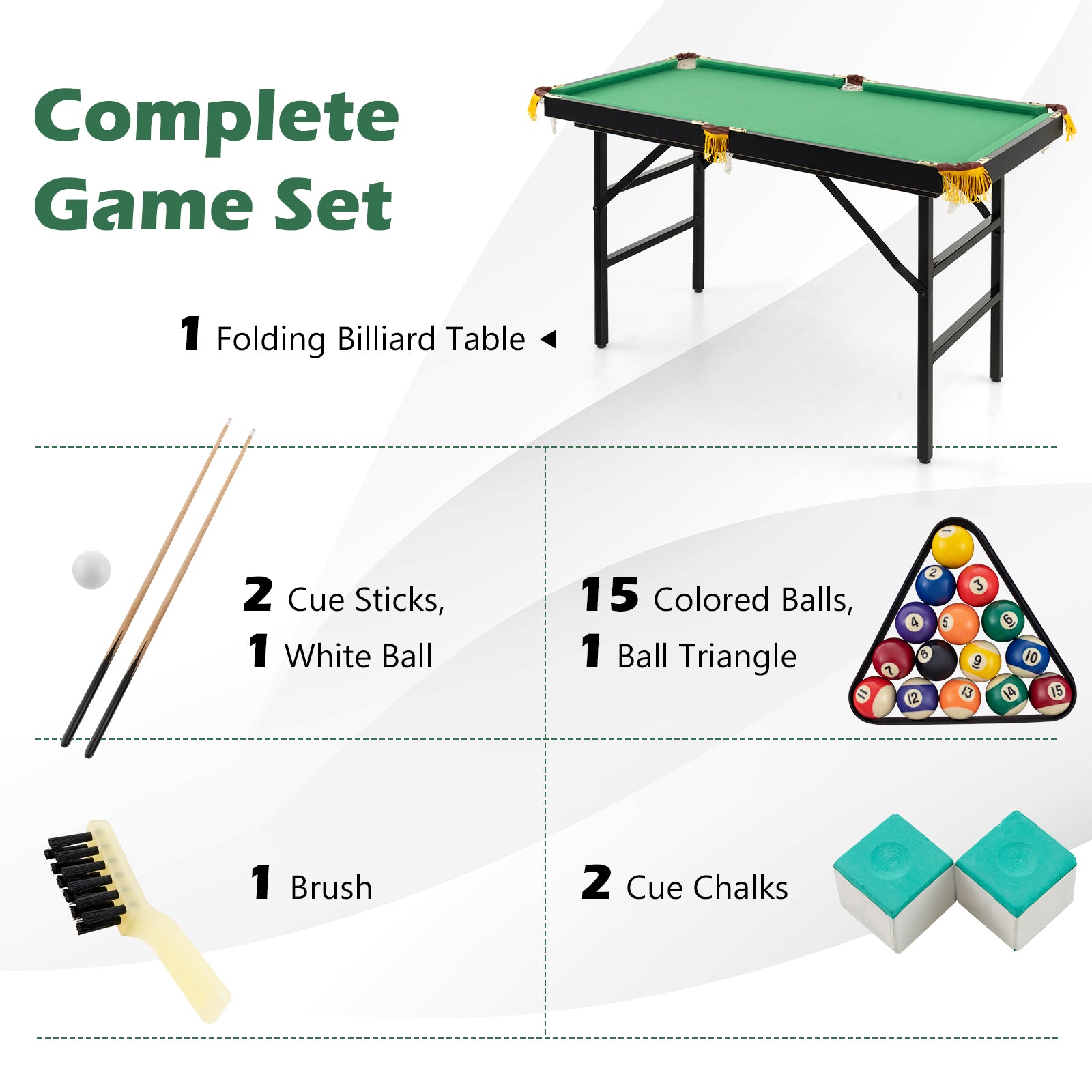 47 Inch Folding Billiard Table with Cues and Brush Chalk , Green Game Room at Gallery Canada
