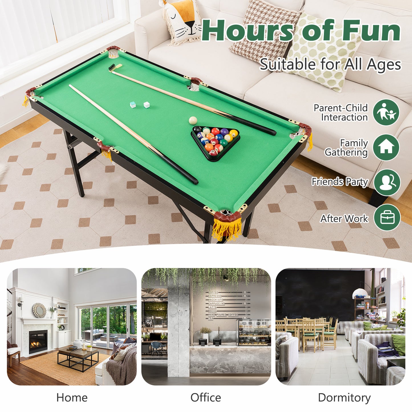 47 Inch Folding Billiard Table with Cues and Brush Chalk , Green Game Room at Gallery Canada