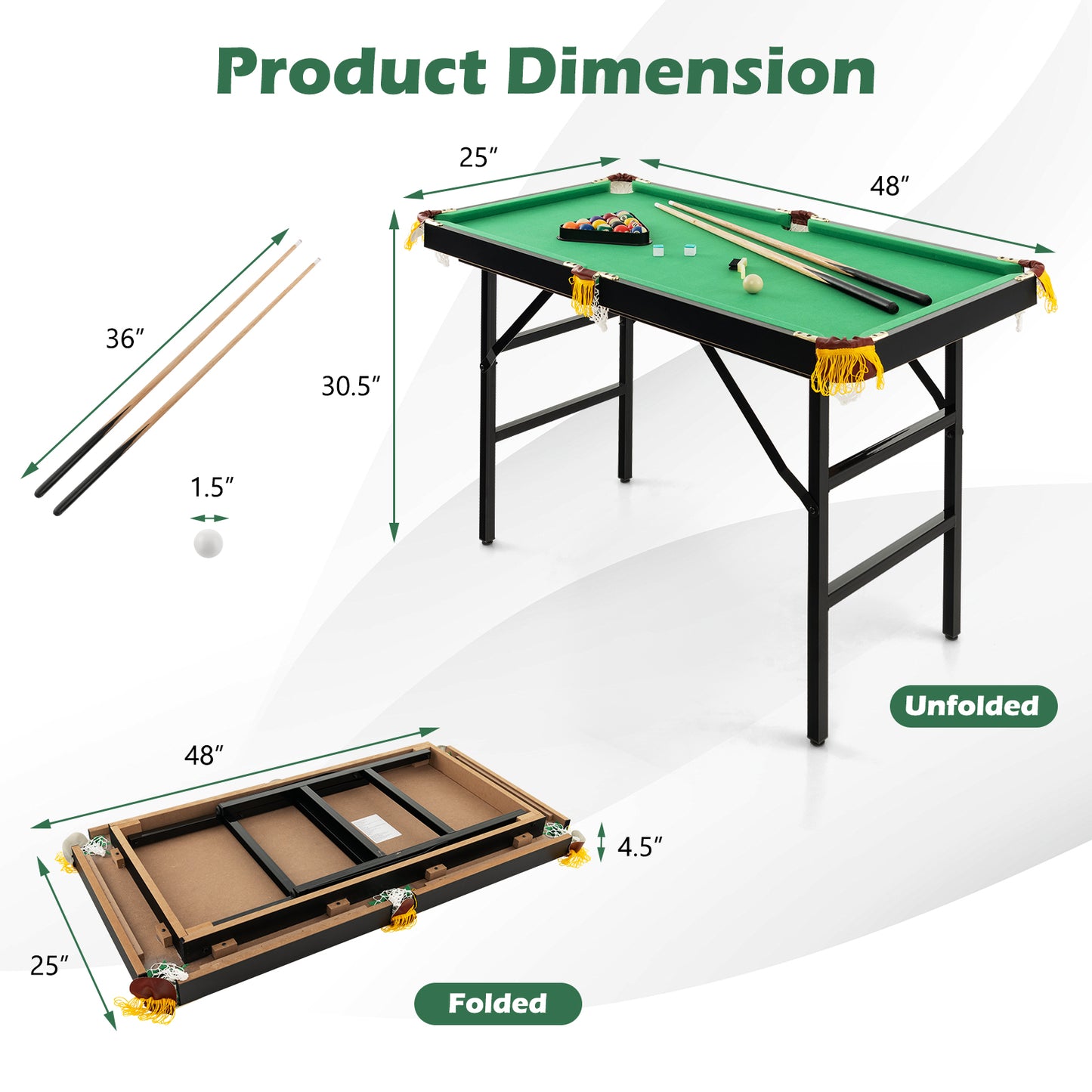 47 Inch Folding Billiard Table with Cues and Brush Chalk , Green Game Room at Gallery Canada