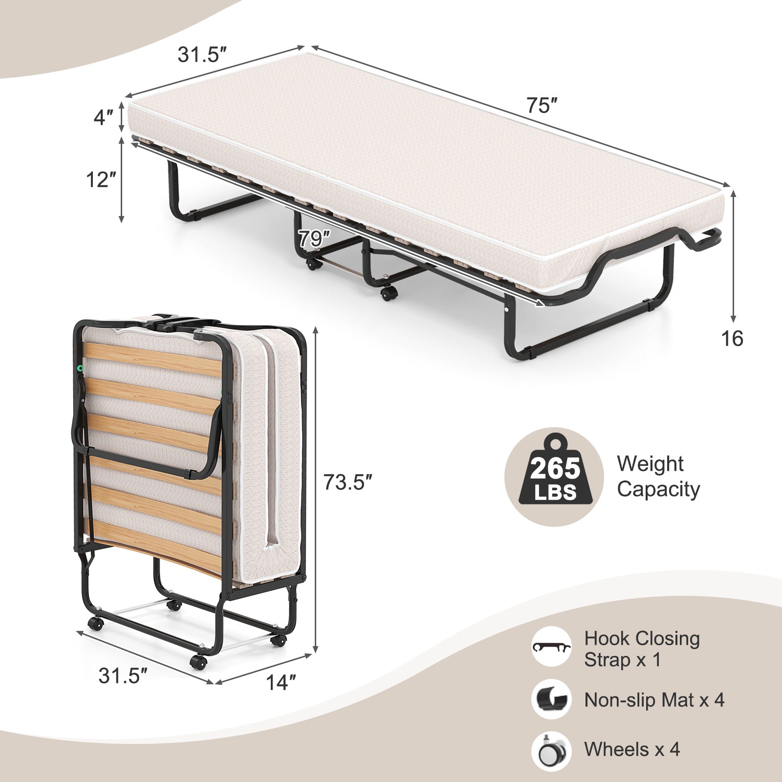 Rollaway Folding Bed with Memory Foam Mattress Made in Italy Folding Beds at Gallery Canada