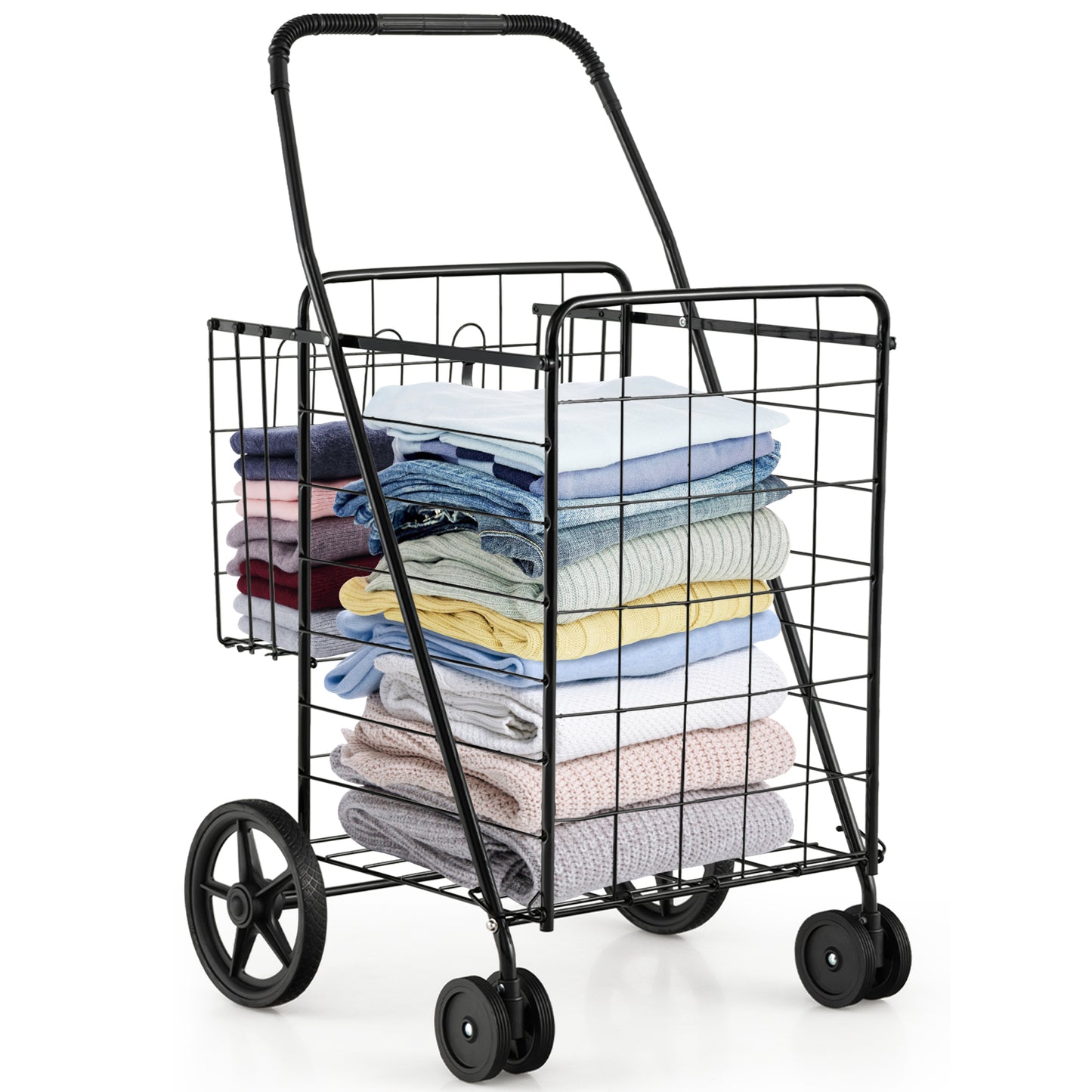 Folding Shopping Cart for Laundry with Swiveling Wheels and Dual Storage Baskets, Black Kitchen Tools at Gallery Canada