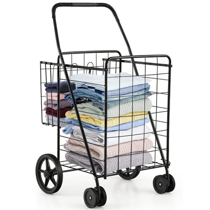 Folding Laundry Cart, Swivel Wheels, Dual Storage Baskets, Black