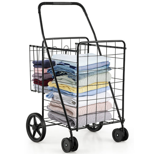 Folding Laundry Cart, Swivel Wheels, Dual Storage Baskets, Black