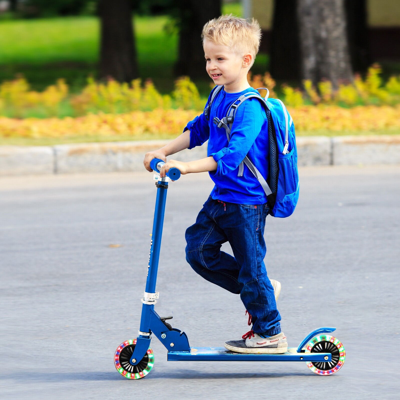 Folding Adjustable Height Kids Toy Kick Scooter with 2 Flashing Wheels, Blue at Gallery Canada