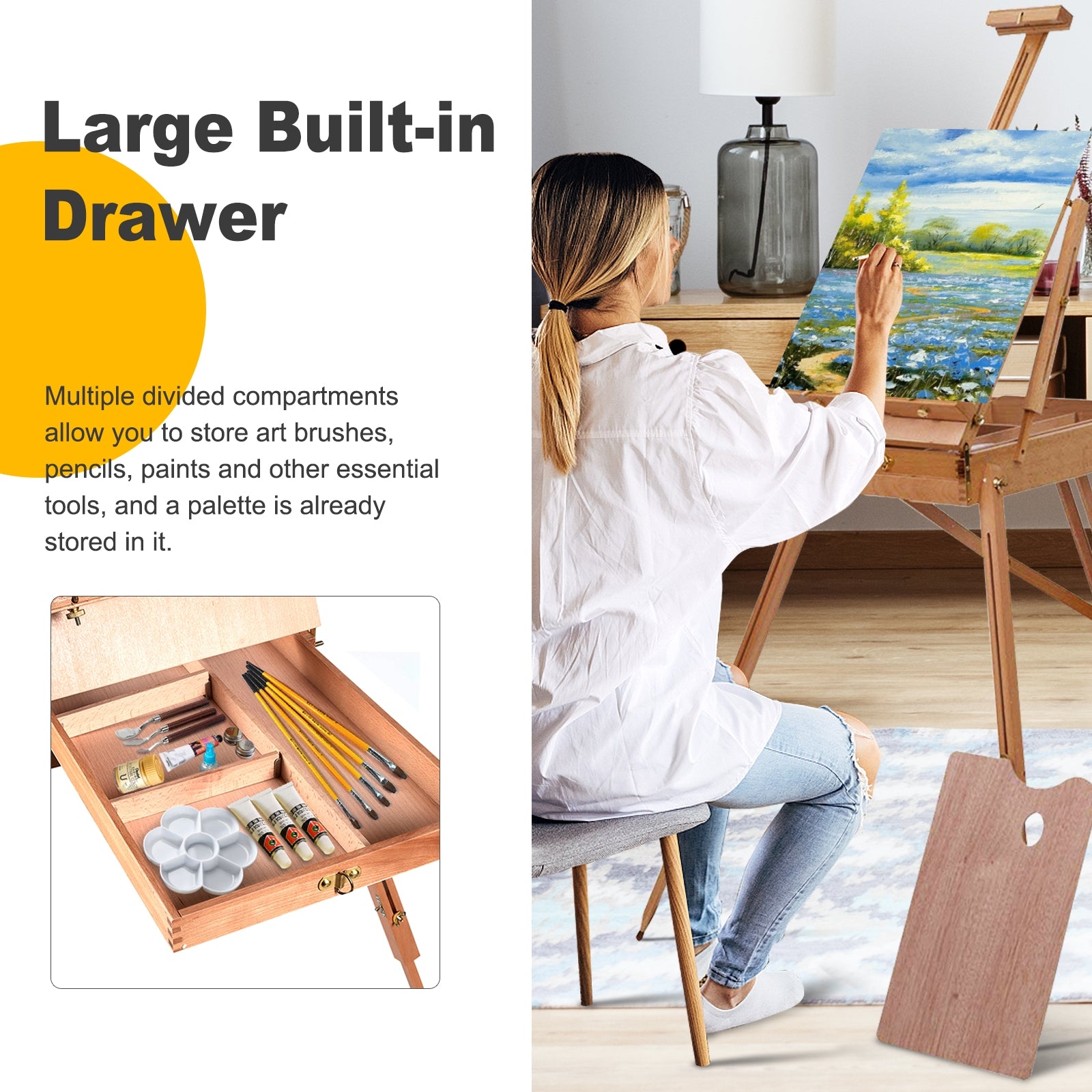 Tripod Folding French Wooden Easel with Sketch Box, Brown Art Easels at Gallery Canada