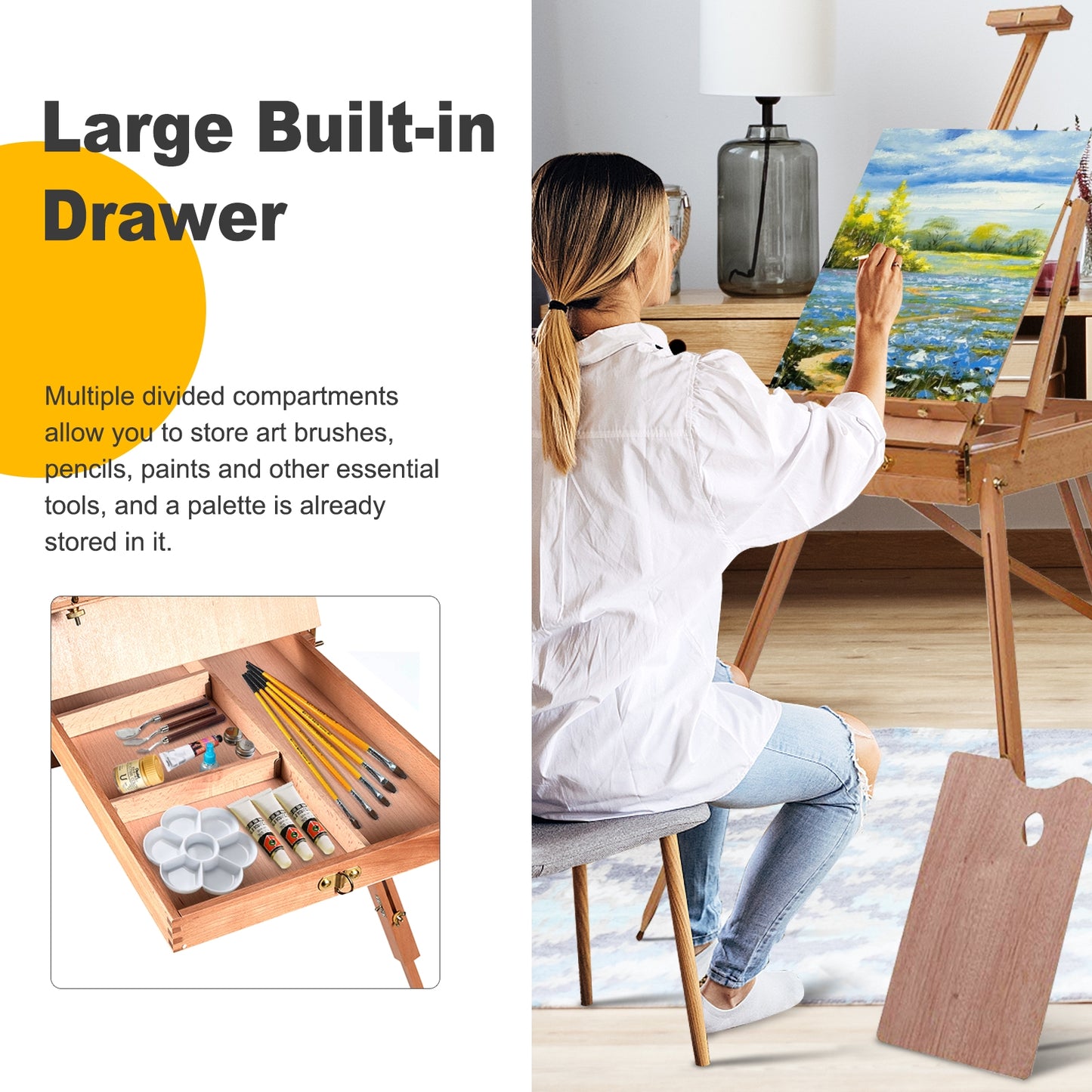 Tripod Folding French Wooden Easel with Sketch Box, Brown Art Easels at Gallery Canada